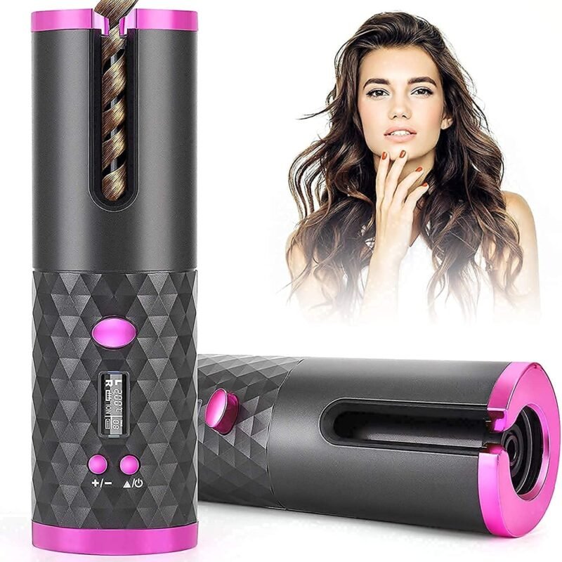 Hair Curling and Straightening Tool for Women and Men, USB Charging, Rotating Ceramic Barrel Hair Curler Fast Heating With 6 Temperature Curls or Waves Anytime | Pink