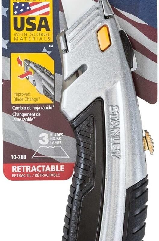 Stanley 10788 Curved Quick-Change Utility Knife, High Carbon Steel Retractable Blade, 3 Blades